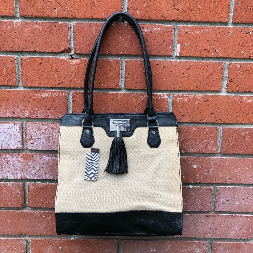 Dana Buchman Linen Black Tracy Tote Purse w Tassel - Picture 2 of 6